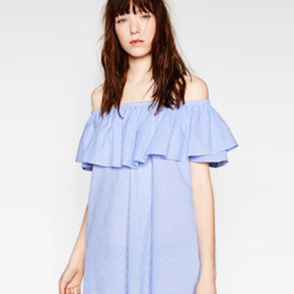 Zara off the shoulder blue striped dress